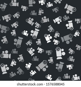 Grey Video camera with screwdriver and wrench icon isolated seamless pattern on black background. Adjusting, service, setting, maintenance, repair, fixing.  Vector Illustration