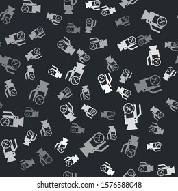 Grey Video camera with screwdriver and wrench icon isolated seamless pattern on black background. Adjusting, service, setting, maintenance, repair, fixing.  Vector Illustration
