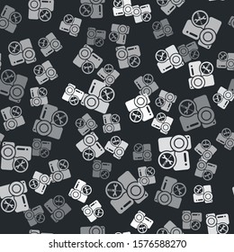Grey Video camera with screwdriver and wrench icon isolated seamless pattern on black background. Adjusting, service, setting, maintenance, repair, fixing.  Vector Illustration