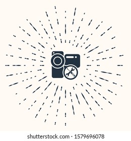 Grey Video camera with screwdriver and wrench icon isolated on beige background. Adjusting, service, setting, maintenance, repair, fixing. Abstract circle random dots. Vector Illustration