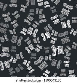 Grey Video game console with joystick icon isolated seamless pattern on black background.  Vector Illustration