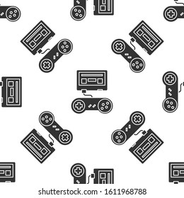 Grey Video game console with joystick icon isolated seamless pattern on white background.  Vector Illustration