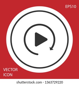 Grey Video play button like simple replay icon isolated on red background. Circle button. Vector Illustration