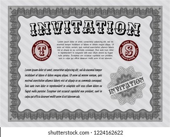 Grey Vintage invitation. With complex linear background. Vector illustration. Cordial design. 