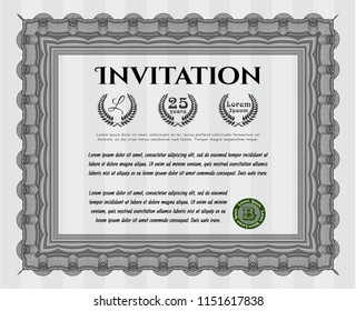 Grey Vintage invitation template. With complex linear background. Retro design. Detailed. 