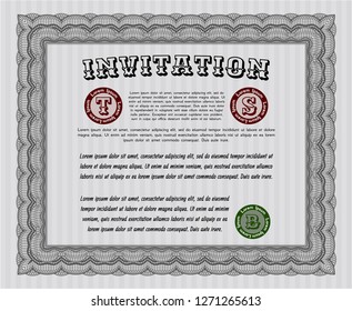 Grey Vintage invitation template. Customizable, Easy to edit and change colors. With guilloche pattern and background. Cordial design. 