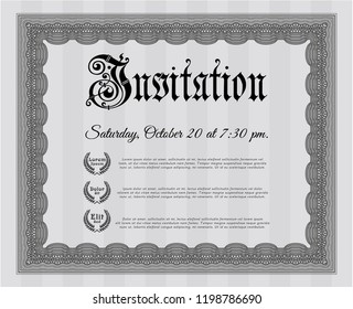 Grey Vintage invitation template. Detailed. With complex linear background. Sophisticated design. 