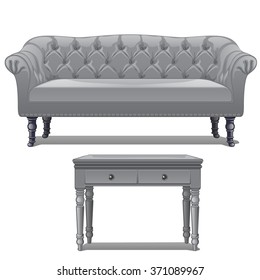 Grey vintage sofa and table. Vector.