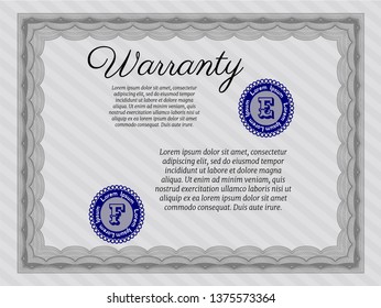 Grey Vintage Warranty Certificate template. Good design. Detailed. With great quality guilloche pattern. 