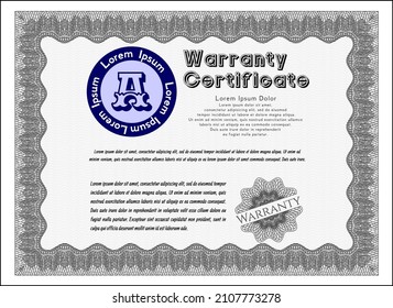 Grey Vintage Warranty template. Elegant design.  With guilloche pattern and background.  Detailed. 