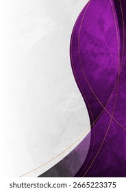 Grey and violet grunge abstract wavy background with golden curved lines. Retro vector flyer design