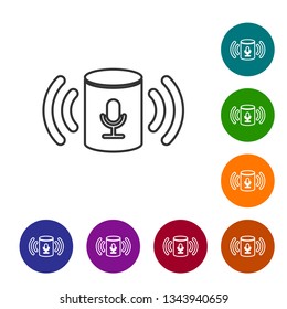 Grey Voice assistant line icon isolated on white background. Voice control user interface smart speaker. Vector Illustration