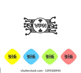 Grey VPN in circle with microchip circuit line icon isolated on white background. Set icon in color rhombus buttons. Vector Illustration