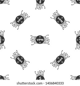 Grey VPN in circle with microchip circuit icon isolated seamless pattern on white background. Vector Illustration
