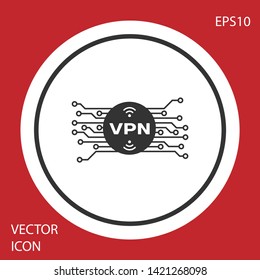 Grey VPN in circle with microchip circuit icon isolated on red background. White circle button. Vector Illustration