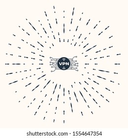 Grey VPN in circle with microchip circuit icon isolated on beige background. Abstract circle random dots. Vector Illustration