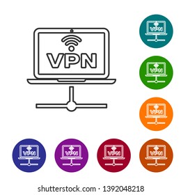 Grey VPN Computer network line icon isolated on white background. Laptop network. Internet connection. Set icon in color circle buttons. Vector Illustration