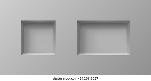 Grey wall 3D niches of box shelf and gallery display frames, vector empty bookshelf showcase. Niche shelves inside of gray wall, exhibition show racks or museum and boutique shop display background