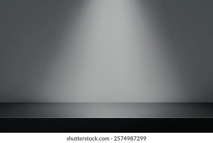 Grey wall with black metal table surface. Product presentation template.