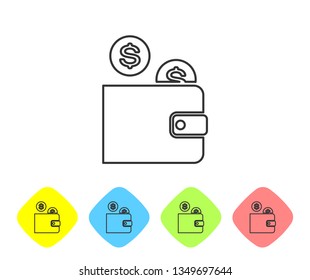 Grey Wallet with coin line icon isolated on white background. Money Wallet. Coin dollar symbol. Set icon in color rhombus buttons. Vector Illustration