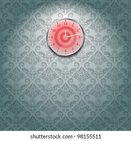 Grey Wallpaper and red Clock on Wall in Room. Vector Illustration