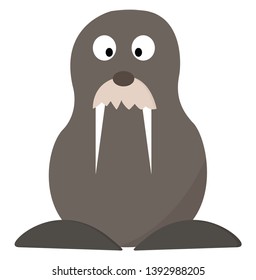 Una morsa gris con dos dientes largos sentados en el dibujo o ilustración del color del vector de la orilla