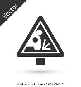 Señal de la ruta de advertencia gris que arroja un icono de materiales de piedra aislado en el fondo blanco. Reglas de tráfico y conducción segura. Vector