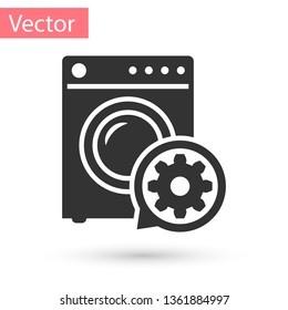 Grey Washer and gear icon isolated on white background. Adjusting app, service concept, setting options, maintenance, repair, fixing. Vector Illustration