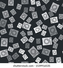 Grey Washer icon isolated seamless pattern on black background. Washing machine icon. Clothes washer - laundry machine. Home appliance symbol.  Vector Illustration