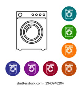 Grey Washer line icon isolated on white background. Washing machine icon. Clothes washer - laundry machine. Home appliance symbol. Vector Illustration