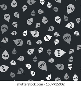 Grey Water drop with H2O icon isolated seamless pattern on black background. Water formula.  Vector Illustration