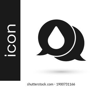 El agua gris cae con un icono de burbujas de habla aislado en el fondo blanco.  Ilustración vectorial