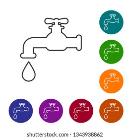 Grey Water tap with a falling water drop line icon isolated on white background. Vector Illustration