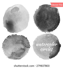 Grey Watercolor Vector Circles Set. Isolated watercolor paint circles over white background. Retro background. Hand drawn Abstract Grunge shape for Business background.