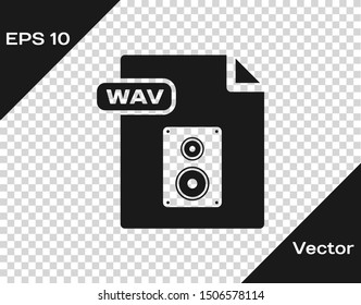 Grey WAV file document. Download wav button icon isolated on transparent background. WAV waveform audio file format for digital audio riff files.  Vector Illustration