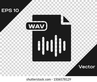 Grey WAV file document. Download wav button icon isolated on transparent background. WAV waveform audio file format for digital audio riff files.  Vector Illustration