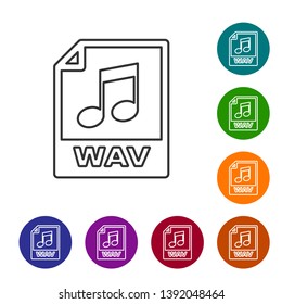 Grey WAV file document icon. Download wav button line icon on white background. WAV waveform audio file format for digital audio riff files. Set icon in color circle buttons. Vector Illustration