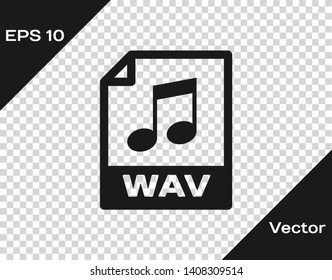 Grey WAV file document icon. Download wav button icon isolated on transparent background. WAV waveform audio file format for digital audio riff files. Vector Illustration