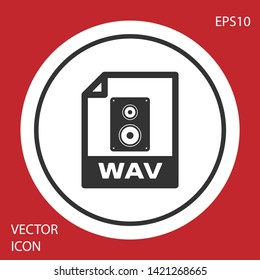 Grey WAV file document icon. Download wav button icon isolated on red background. WAV waveform audio file format for digital audio riff files. White circle button. Vector Illustration