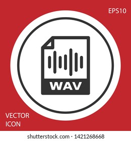 Grey WAV file document icon. Download wav button icon isolated on red background. WAV waveform audio file format for digital audio riff files. White circle button. Vector Illustration