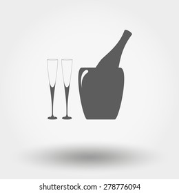 Grey web icon Bottle in ice bucket and glasses. Vector illustration on a white background. Flat design style.