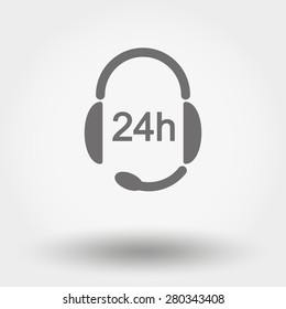 Grey web icon Headphones with Microphone. Support 24 hours. Vector illustration on a white background. Flat design style.