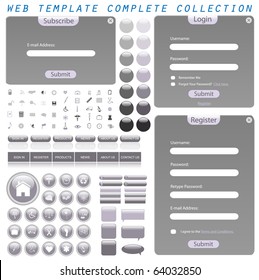 Grey web template with forms, bars, buttons, icons and chat bubbles.