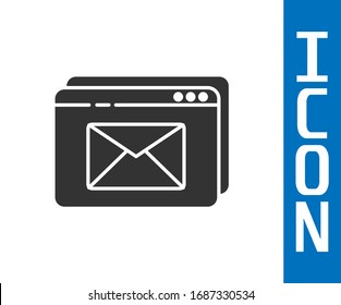 Graue Website und Umschlag, neue Nachricht, E-Mail-Symbol einzeln auf weißem Hintergrund. Verwendung für E-Mail-Newsletter, Kopfzeilen, Blog-Posts. Vektorillustration-Illustration
