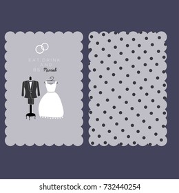Grey wedding card with wedding clothes. Vector illustration