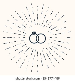 Grey Wedding rings icon isolated on beige background. Bride and groom jewelery sign. Marriage icon. Diamond ring. Abstract circle random dots. Vector Illustration