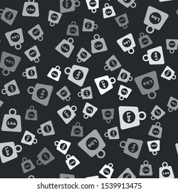 Grey Weight pounds icon isolated seamless pattern on black background. Pounds weight block for weight lifting and scale. Mass symbol.  Vector Illustration