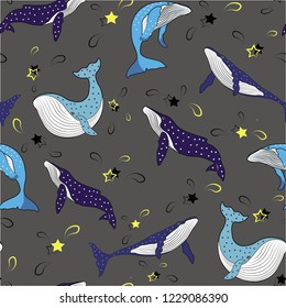 grey whale animal cute seamless vector pattern