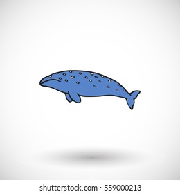 Grey whale icon. Hand-drawn cartoon mammal with round shadow. Vector illustration