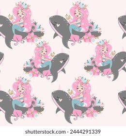 Grey whale narwhal, mermade and flowers on a pink background seamless pattern. Doodle boho style. Design for kids. Vector illustration